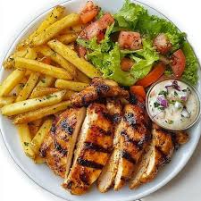 Grilled Chicken, Rice, Chips and Salad