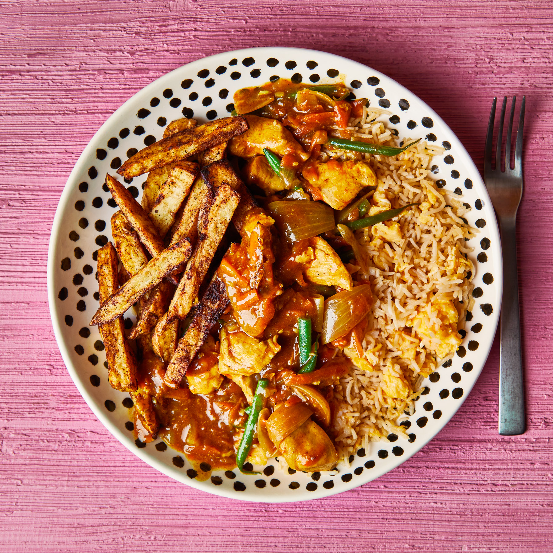 Chicken Curry Rice and Chips