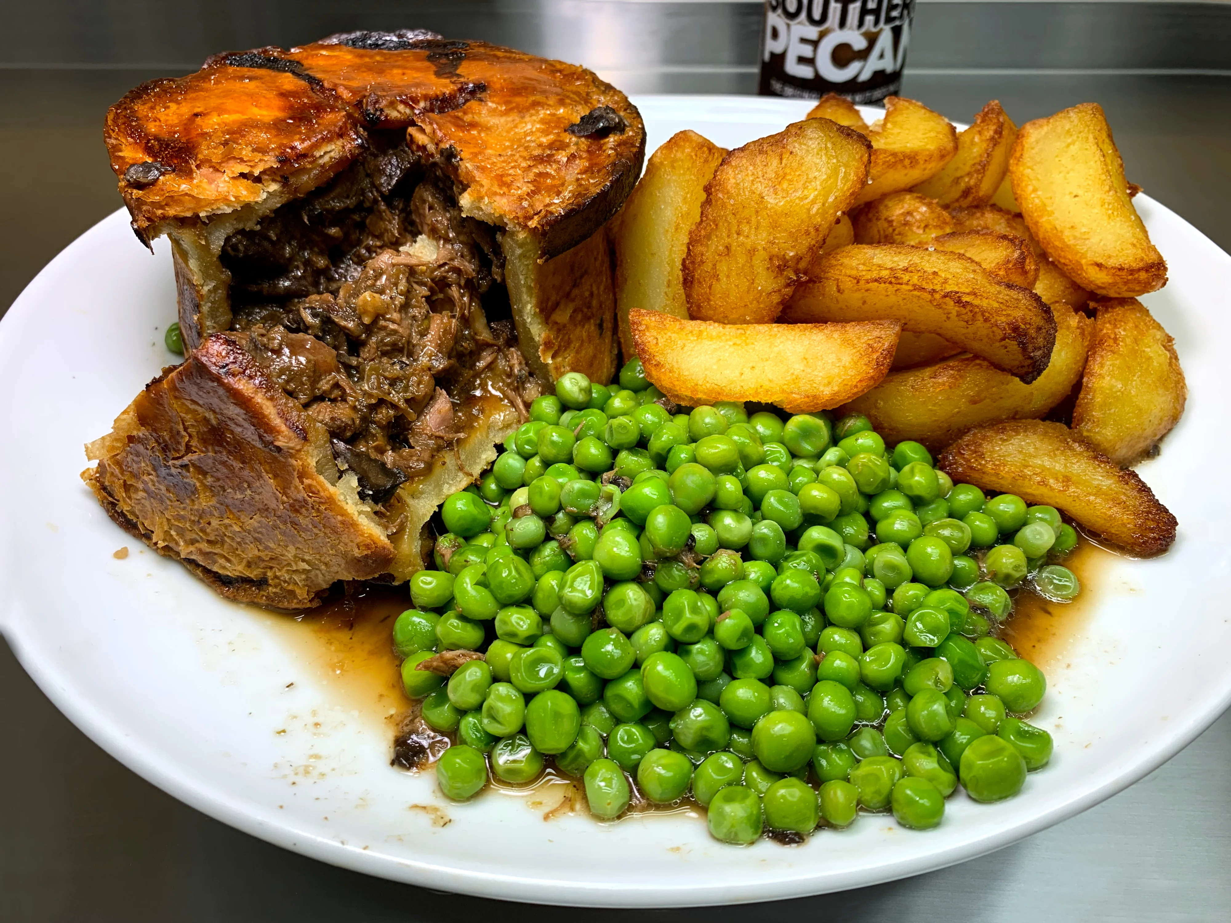 Steak Pie Chips Peas or Beans
