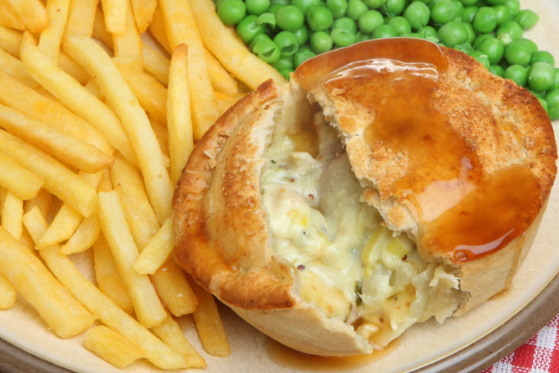 Chicken and Mushroom Pie Chips Peas or Beans
